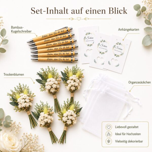 22a30ae0a0bc31952edd143b8d153515.jpg Elegantes Gastgeschenk-Set zur Hochzeit und anderen Fersten– „Schön, dass du da bist“ mit Bambus-Stift, Trockenblumen & Organzabeutel
