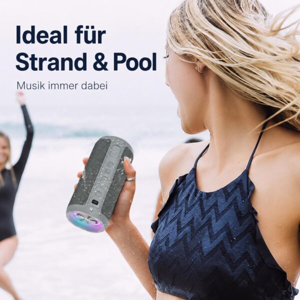 Ortizan Bluetooth Lautsprecher X10 – Tragbarer wasserdichter Speaker IPX7, 30h Akku, Stereo Sound, Bass, RGB LED Licht, TWS, Outdoor & Party Box Grau