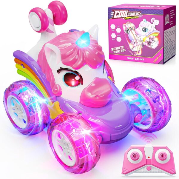Ferngesteuertes Einhorn Auto für Mädchen ab 3 Jahren – RC Stunt Car mit 360° Drehungen, LED-Licht, USB aufladbar, ideales Geschenk zum Geburtstag