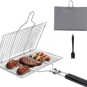 Grillkorb aus Edelstahl für Fisch, Steak, Garnele, Genüse, tragbar mit abnehmbarem Griff und einem Pinsel