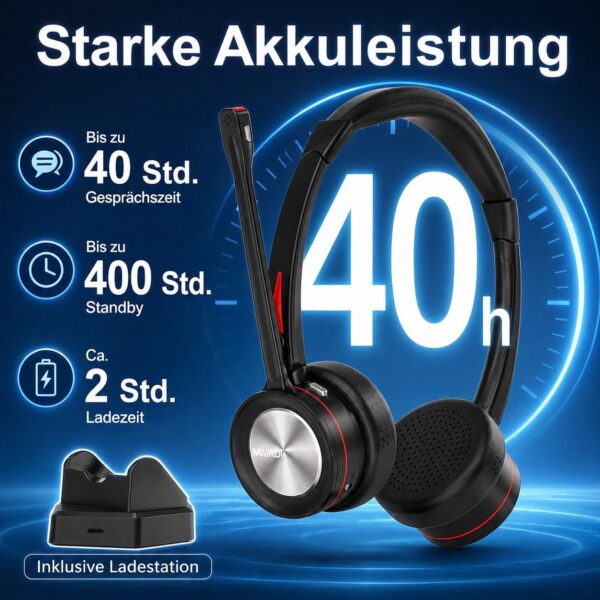 43f79cf0fa0cd82f7ce0d3978f1116e4.jpg Bluetooth Headset mit Mikrofon & Ladestation, kabelloses Büro Headset mit USB Dongle, Bluetooth 5.2, bis zu 40 Std. Akkulaufzeit