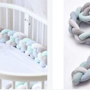 4b366760056151952a5e9038a7f8d87a.jpg 4-gewebtes Babybettkissen, Schlangengeflecht, Bettumrandung, Kinderzimmer für Neugeborene, Bettzimmerdekoration mit Grau + Weiß + Grün + Blau 2,2 m