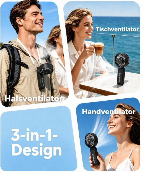 4e124ea2aa2214f962a9cf670955fe42.jpg Linawee 3-in-1 Handventilator USB wiederaufladbar, 5 Stufen, 1800 mAh, leise, faltbar, mit LED-Display, Trageband, Schwarz