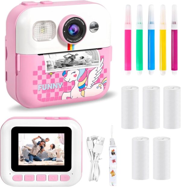 4e4630faebf9caec229e2e45fd897ace-1.jpg Kinderkamera ROSA Sofortbildkamera 1080P 2,4 Zoll Bildschirm Sofortbildkamera Kinder mit Druckpapier & 32GB Micro SD-Karte, mit Einhorn