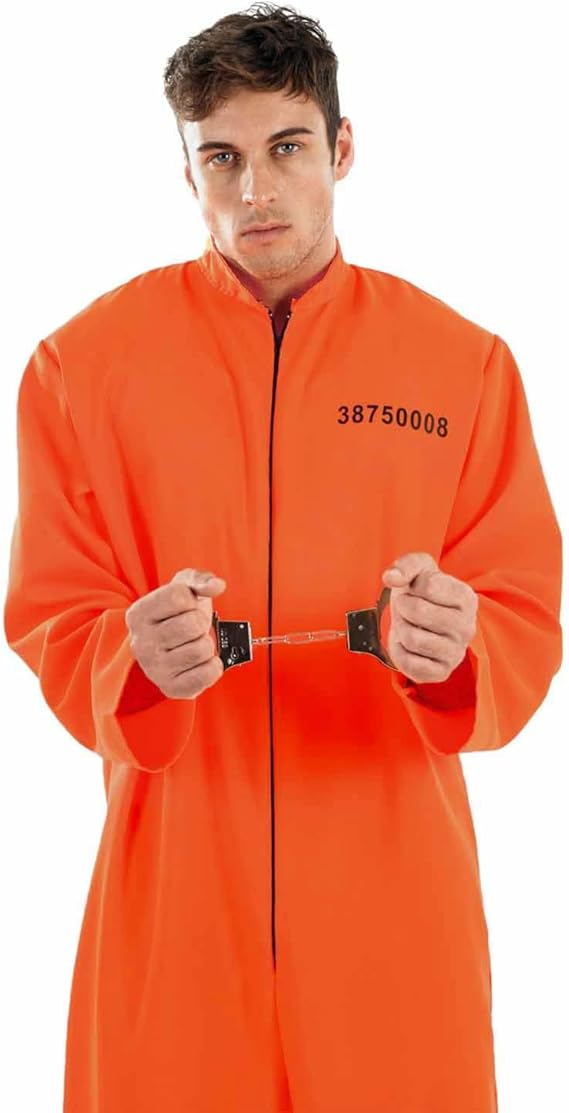 51ETcnm60ZL._AC_SX569_ Gefangenen Kostüm Herren M – Orange Jumpsuit mit Handschellen – Männer Sträflings Kostüm Karneval, Halloween, Motto Party