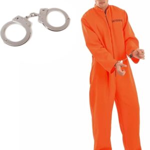 Gefangenen Kostüm Herren M – Orange Jumpsuit mit Handschellen – Männer Sträflings Kostüm Karneval, Halloween, Motto Party