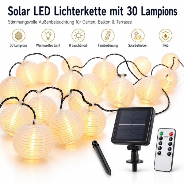 Solar Lichterkette 30 LED Lampions warmweiß