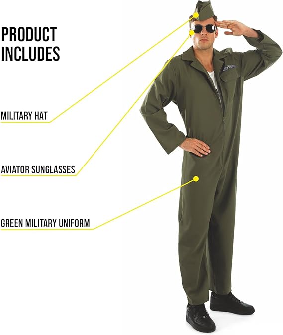 Kampfpilot Kostüm für Herren – Größe L – Fliegeranzug mit Mütze & Sonnenbrille