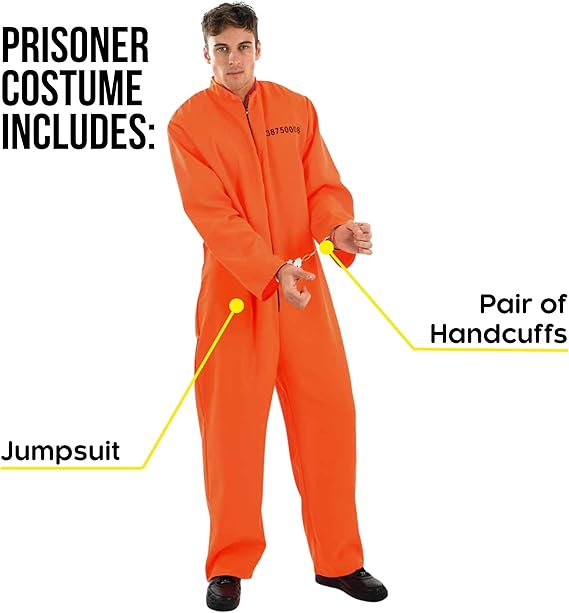 61YG1MkFDWL._AC_SX569_ Gefangenen Kostüm Herren M – Orange Jumpsuit mit Handschellen – Männer Sträflings Kostüm Karneval, Halloween, Motto Party
