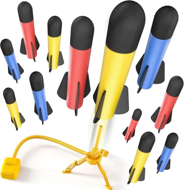 Kinder Raketenwerfer Set mit 12 Schaumstoffraketen & Fußpumpe – Abschussrampe verstellbar, Outdoor oder Indoor Spielzeug