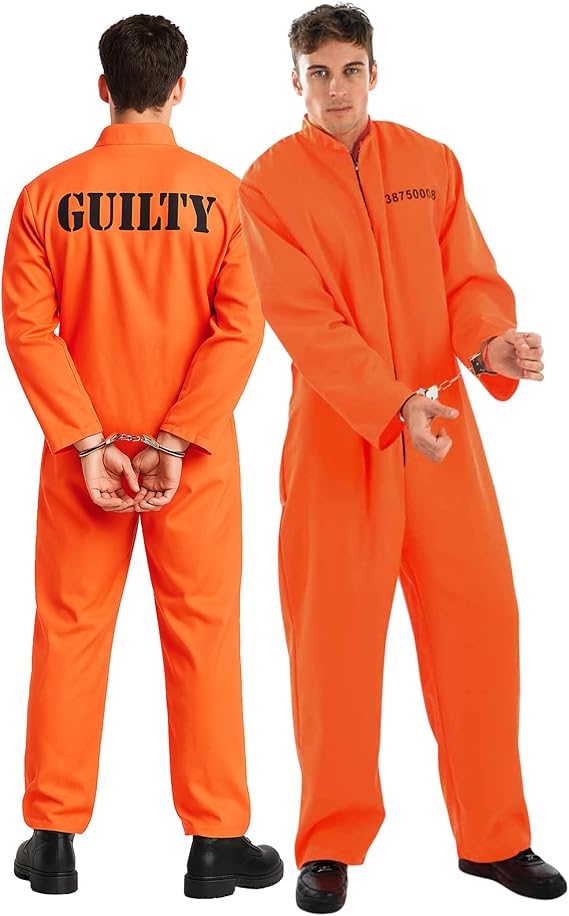 71RlC55kPmL._AC_SX569_ Gefangenen Kostüm Herren M – Orange Jumpsuit mit Handschellen – Männer Sträflings Kostüm Karneval, Halloween, Motto Party