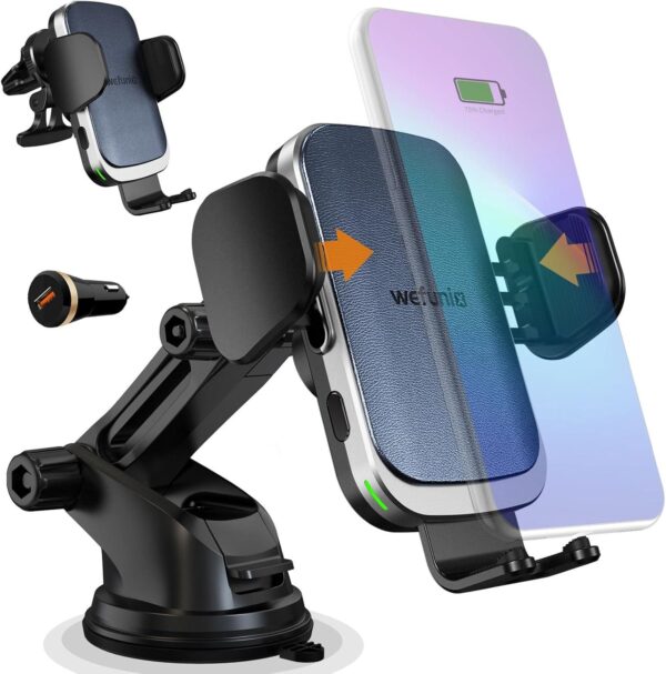 Wefunix 15W Wireless Auto Handyhalterung mit Schnellladefunktion – Automatische Klemmung, Qi-Ladegerät, 360° verstellbar, QC3.0, für iPhone & Samsung