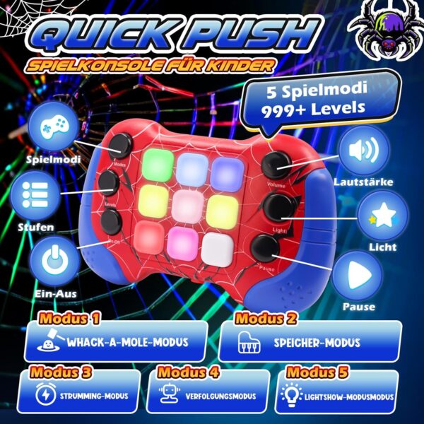 QUICK PUSH Spielkonsole für Kinder – Reaktionsspiel mit Licht, Sound & 5 Spielmodi