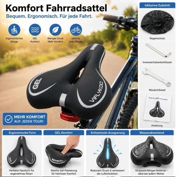 8cfb8c3f28ca4e439c36451d281f2454.jpg Komfort Fahrradsattel Gel mit Aussparung – ergonomischer Fahrradsitz inkl. Regenschutz, Werkzeug & Anleitung