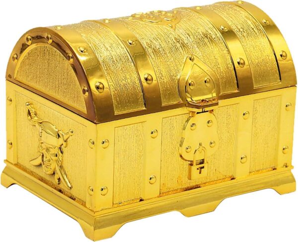 Piraten Schatztruhe mit Schloss und 2 Schlüsseln – goldene Schatzkiste für Kinder – Deko- und Geschenkbox für Schatzsuche, Kindergeburtstag