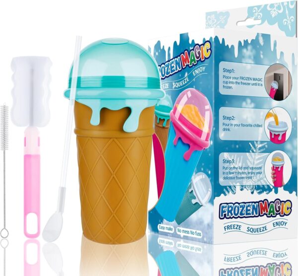 Slushy Becher 500 ml im Eiswaffel-Design – wiederverwendbarer Frozen Squeeze Cup mit Löffel-Strohhalm, Slush Eis Becher für Saft, Cola, Smoothies