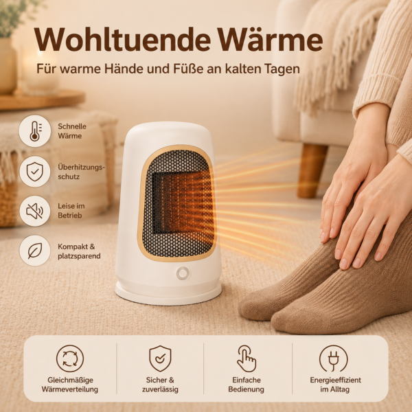 Mini Heizlüfter 1200 W – Elektrische Keramikheizung tragbar & leise | Schnellwärme, Kippschutz, Energiesparend für Büro & Zuhause