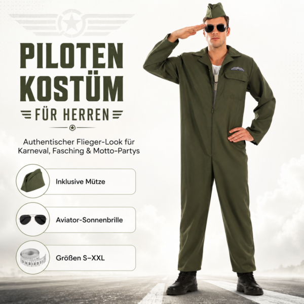 Kampfpilot Kostüm für Herren – Größe L – Fliegeranzug mit Mütze & Sonnenbrille