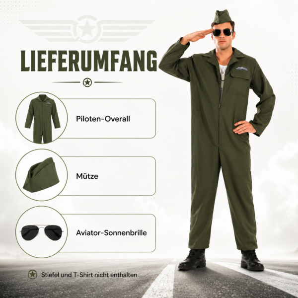 Kampfpilot Kostüm für Herren – Größe L – Fliegeranzug mit Mütze & Sonnenbrille
