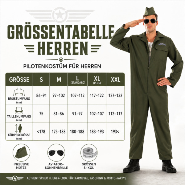 Kampfpilot Kostüm für Herren – Größe L – Fliegeranzug mit Mütze & Sonnenbrille