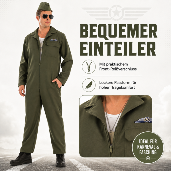 Kampfpilot Kostüm für Herren – Größe L – Fliegeranzug mit Mütze & Sonnenbrille