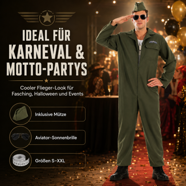 Kampfpilot Kostüm für Herren – Größe L – Fliegeranzug mit Mütze & Sonnenbrille