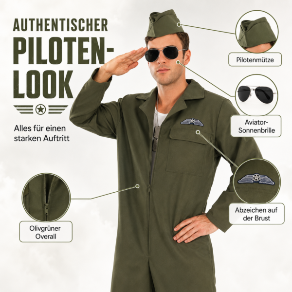 Kampfpilot Kostüm für Herren – Größe L – Fliegeranzug mit Mütze & Sonnenbrille