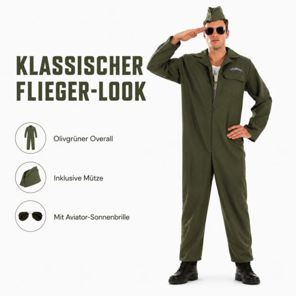 Kampfpilot Kostüm für Herren – Größe L – Fliegeranzug mit Mütze & Sonnenbrille