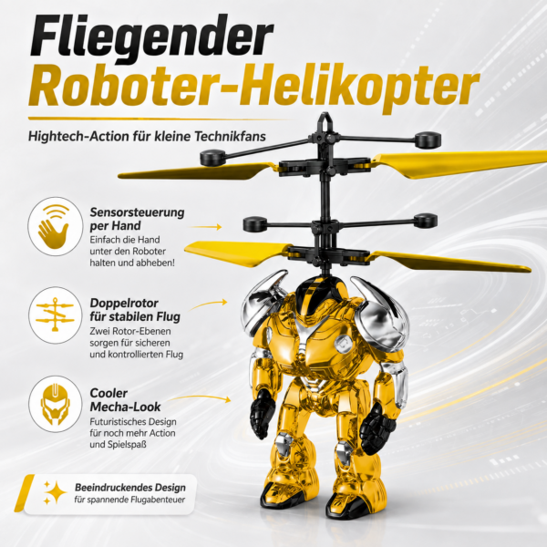 Fliegender Roboter Helikopter Gelb mit Hand-Sensorsteuerung – Doppelrotor Flugspielzeug für Kinder, interaktiver Flugroboter