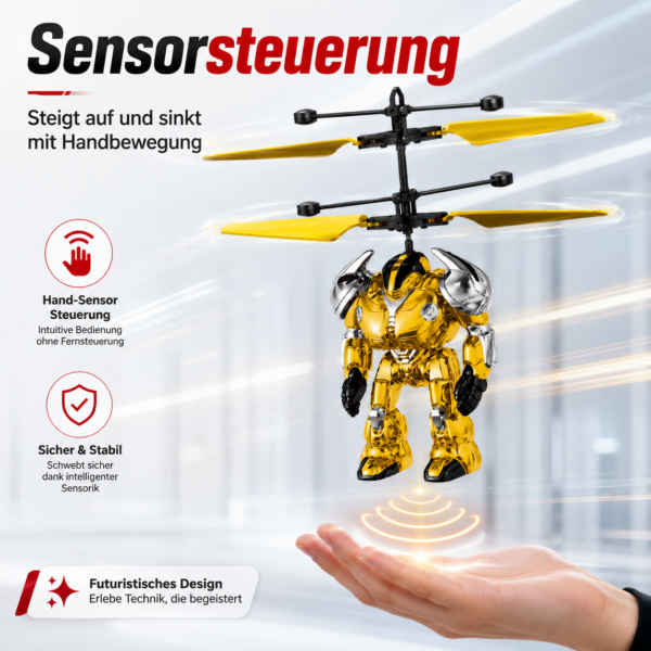 Fliegender Roboter Helikopter Gelb mit Hand-Sensorsteuerung – Doppelrotor Flugspielzeug für Kinder, interaktiver Flugroboter