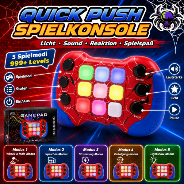 QUICK PUSH Spielkonsole für Kinder – Reaktionsspiel mit Licht, Sound & 5 Spielmodi