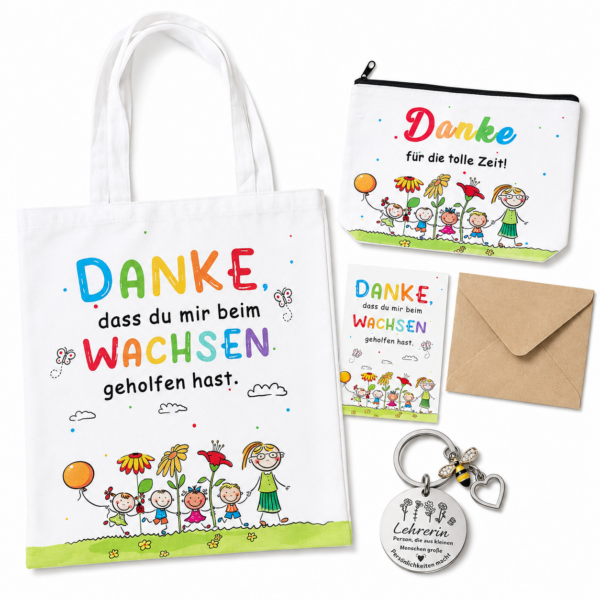 5-teiliges Geschenkset f&uuml;r Lehrerin mit Tragetasche, M&auml;ppchen, Karte, Umschlag und Schl&uuml;sselanh&auml;nger