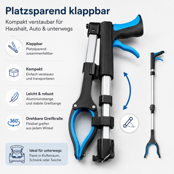 ChatGPT Image 6. Aug. 2026, 19_56_19 Klappbare Greifzange 90 cm – Greifhilfe mit ergonomischem Griff, gepolsterter Greifkralle und Aluminiumstange – platzsparend auf 30 cm faltbar