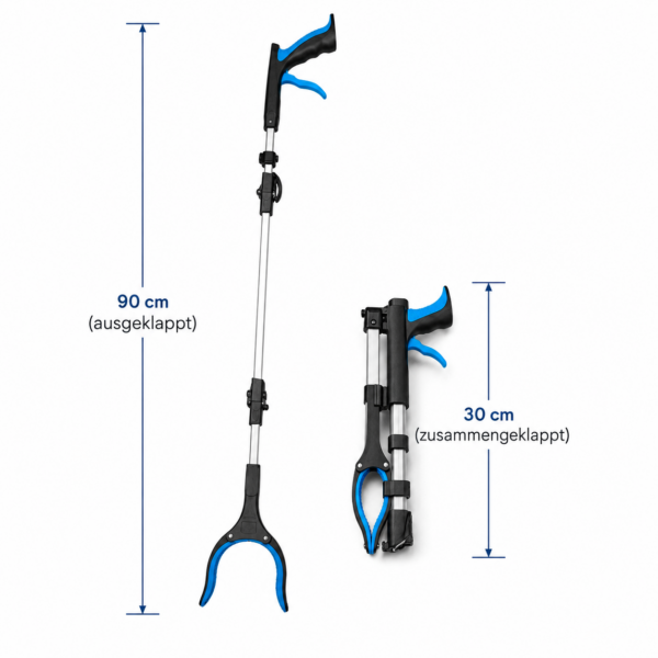 ChatGPT Image 6. Aug. 2026, 20_43_39 Klappbare Greifzange 90 cm – Greifhilfe mit ergonomischem Griff, gepolsterter Greifkralle und Aluminiumstange – platzsparend auf 30 cm faltbar