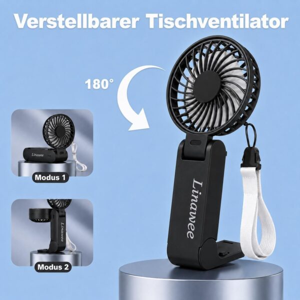 a8adcad05e9ecc62455c3eeb6d593826.jpg Linawee 3-in-1 Handventilator USB wiederaufladbar, 5 Stufen, 1800 mAh, leise, faltbar, mit LED-Display, Trageband, Schwarz