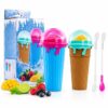 lushy Becher 2er Set je 500 ml – wiederverwendbare Slush Eis Becher mit Löffel-Strohhalm, Frozen Squeeze Cup für Saft, Cola, Smoothies & Sommergetränk