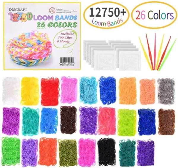 bf9b1d875a58f75c19101d6ee26981b9-2.jpg Loom Bands Set 12750-teilig, 26 Farben, inklusive 500 Clips & 6 Häkelnadeln – Kreativset für Armbänder, Ringe und DIY Schmuck