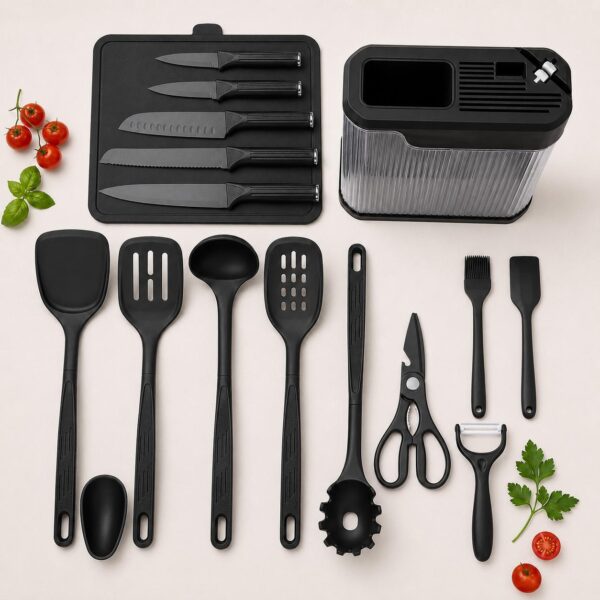 c0f936b2d4781764bda03776661807d4-1.jpg Küchenutensilien-Set Schwarz mit Messerblock & Aufbewahrungsbox