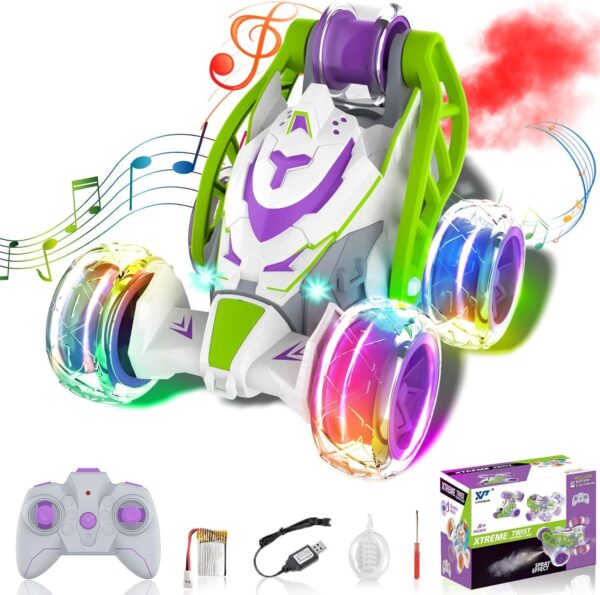 cff08f26016e6406e3f1d44dc3ac8b74.jpg RC Stunt Auto mit LED-Beleuchtung & Nebeleffekt – 360° Drehung, Musik, All-Terrain, ferngesteuertes Auto für Kinder