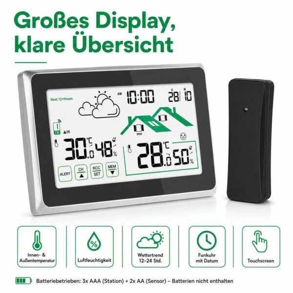 d47508ea8ed238d54e92f0753dc40c01.jpg Digitale Funk-Wetterstation mit Außensensor – LCD-Touchscreen, Innen- & Außentemperatur, Luftfeuchtigkeit, Wettervorhersage, Funkuhr, Kalender & Frost