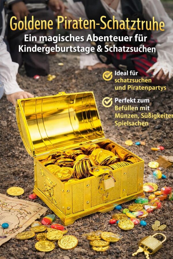 Piraten Schatztruhe mit Schloss und 2 Schlüsseln – goldene Schatzkiste für Kinder – Deko- und Geschenkbox für Schatzsuche, Kindergeburtstag