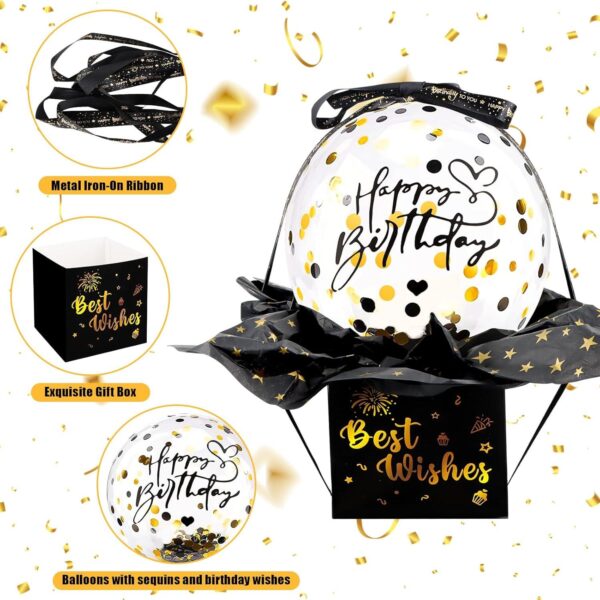 e0d6969303aa5a760b09a9d8a3883611.jpg Geldgeschenk Geschenkbox Geburtstag – Explosionsbox Schwarz/Gold mit Ballon & 37 Folien für Geld/Gutschein