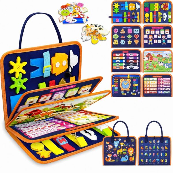 Montessori Busy Lernbuch – 8 in 1 Activity Buch mit Griff, Motorikspielzeug für Kleinkinder, Reisespielzeug, Lernspielzeug