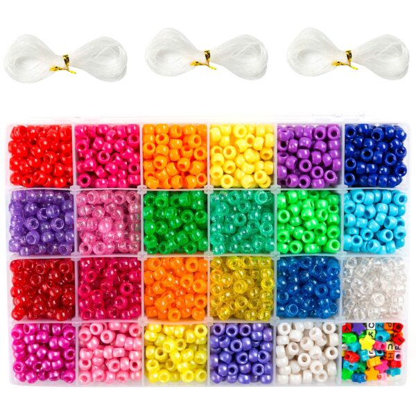 eb4b8f9105761bdc75ca5590e0089300.jpg 3300 Stück Pony Beads Perlen Set – 23 Farben, Glitzer-, Perlmutt- & Opak-Perlen, Buchstabenperlen & Sternperlen – DIY Bastelset inkl. 3 Fädelschnüren